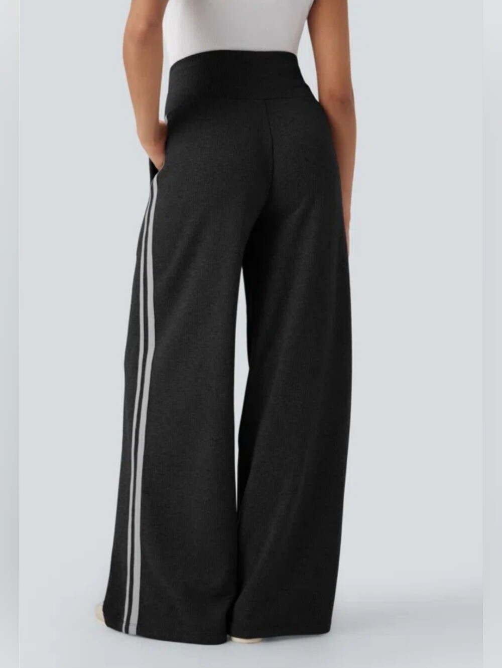 Halara Ribbed High Waisted Tummy Control Drawstring Wide Leg Color Block Pants